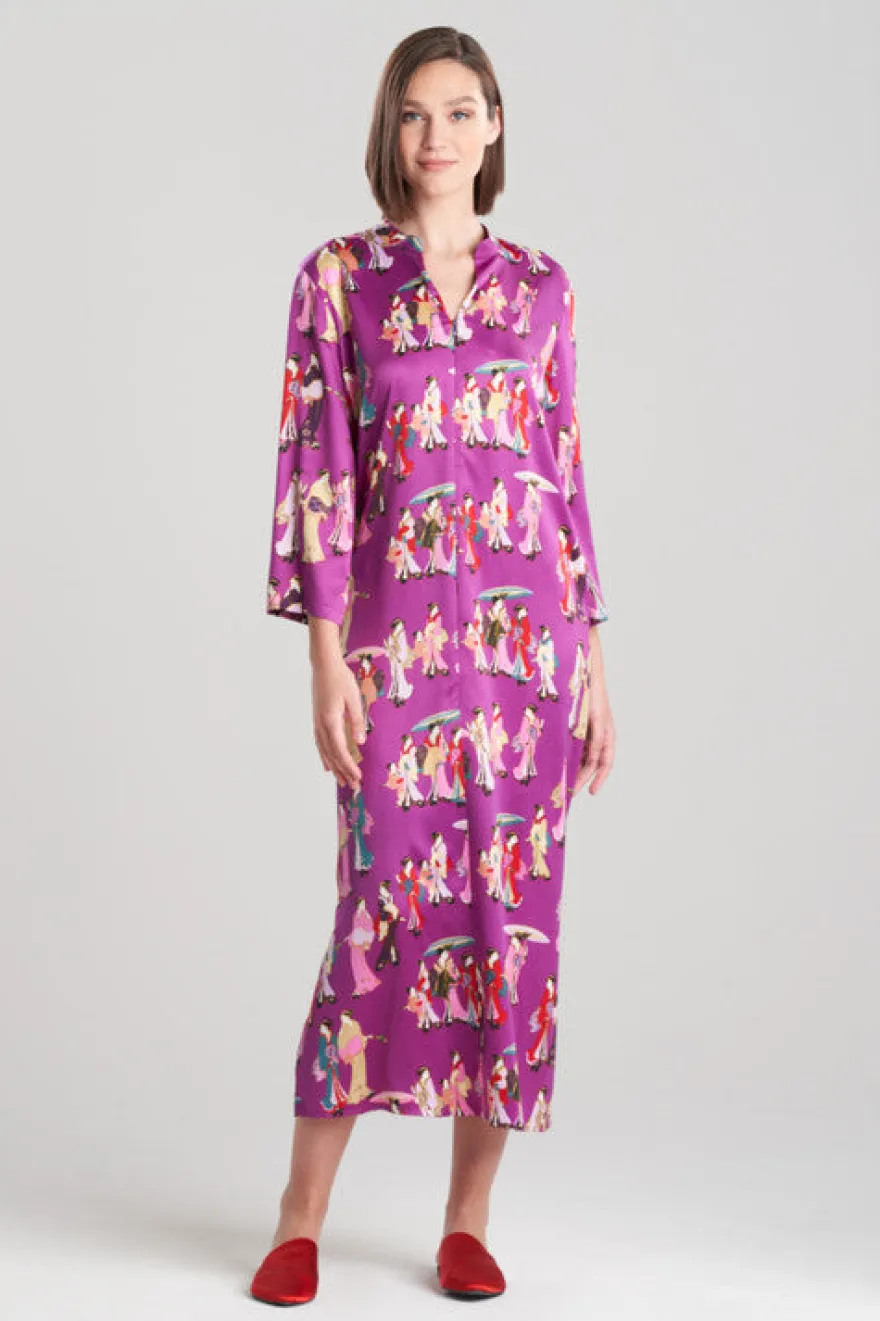 Geisha-Printed Satin Zip Caftan