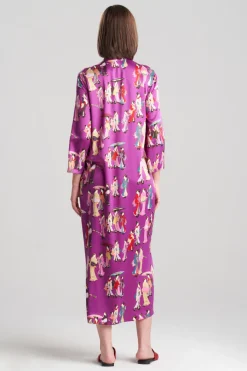 Geisha-Printed Satin Zip Caftan