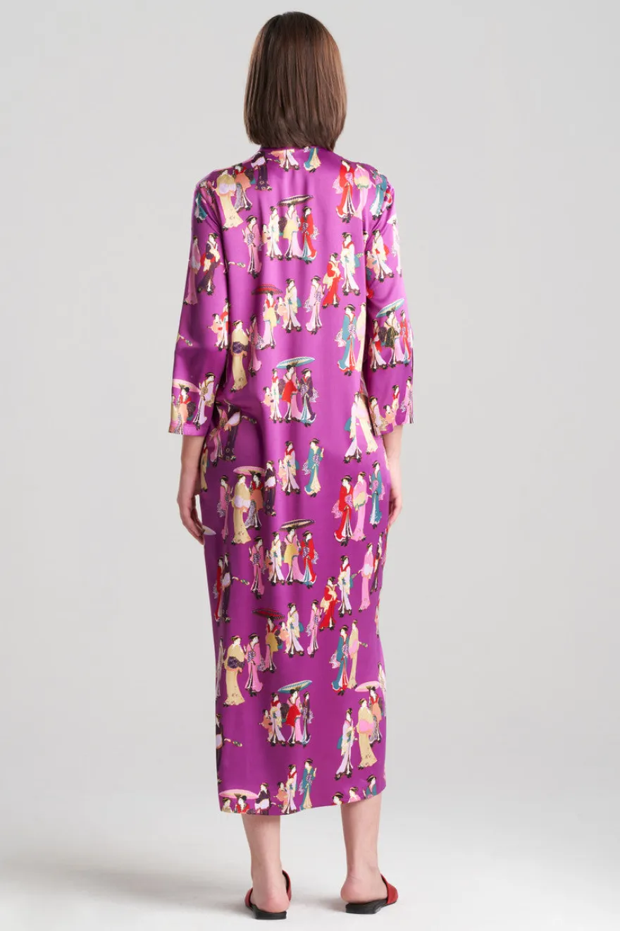 Geisha-Printed Satin Zip Caftan