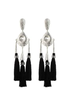 Gold Plated Brass Black Fringe Clip Earrings