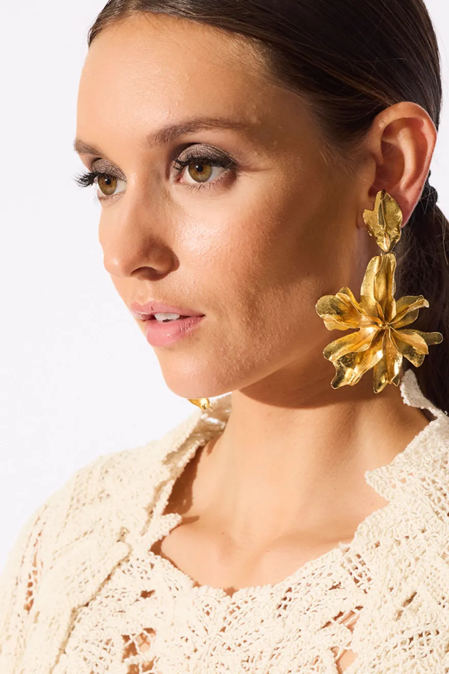 Gold Plated Brass Floral Cuff Earrings