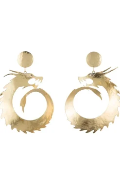Hammered Brass Dragon Swirl Drop Clip Earrings
