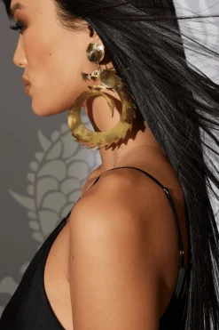 Hammered Brass Dragon Swirl Drop Clip Earrings