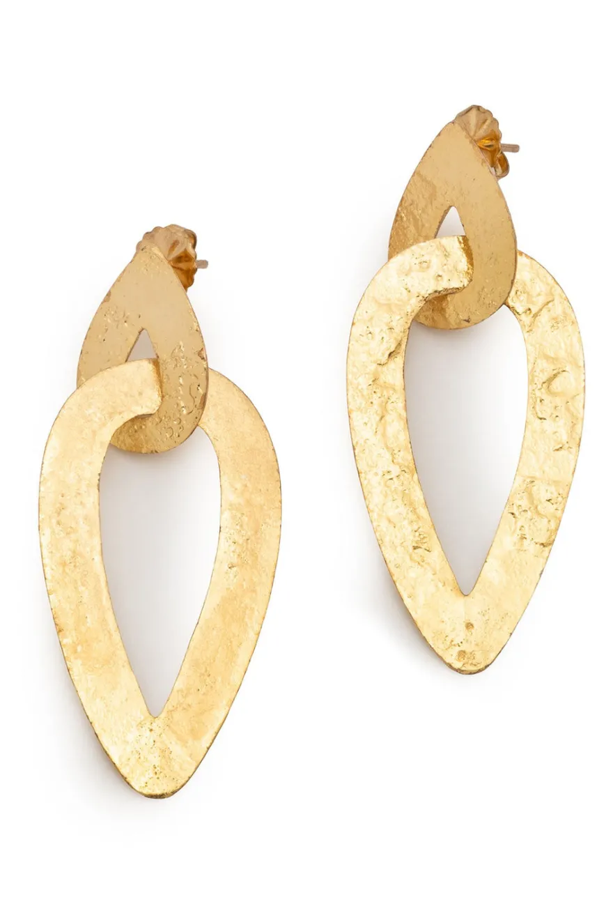 Hammered Gold Plated Interlinked Drop Pierced Earrings