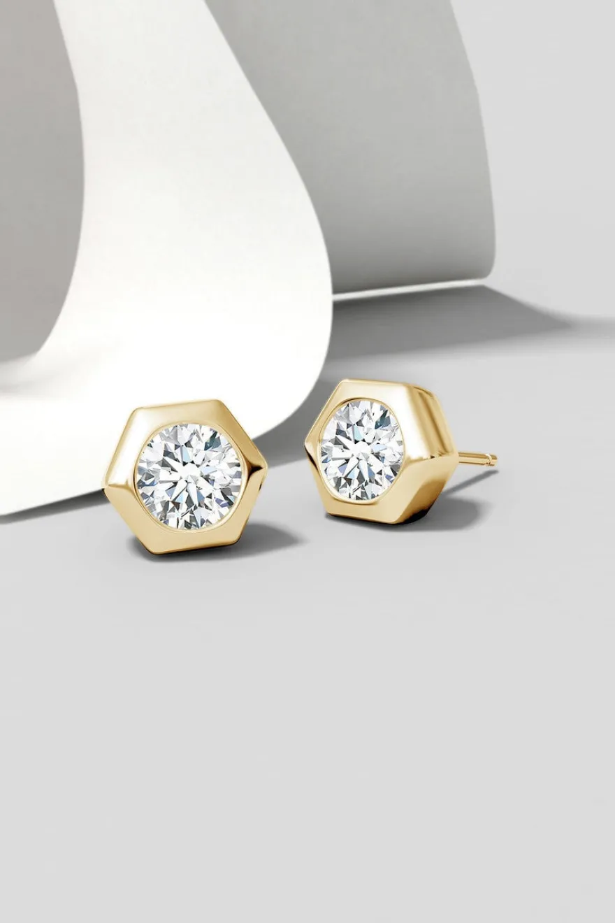 Indochine 14k Hexagon 4mm Diamond Solitaire Stud Earrings