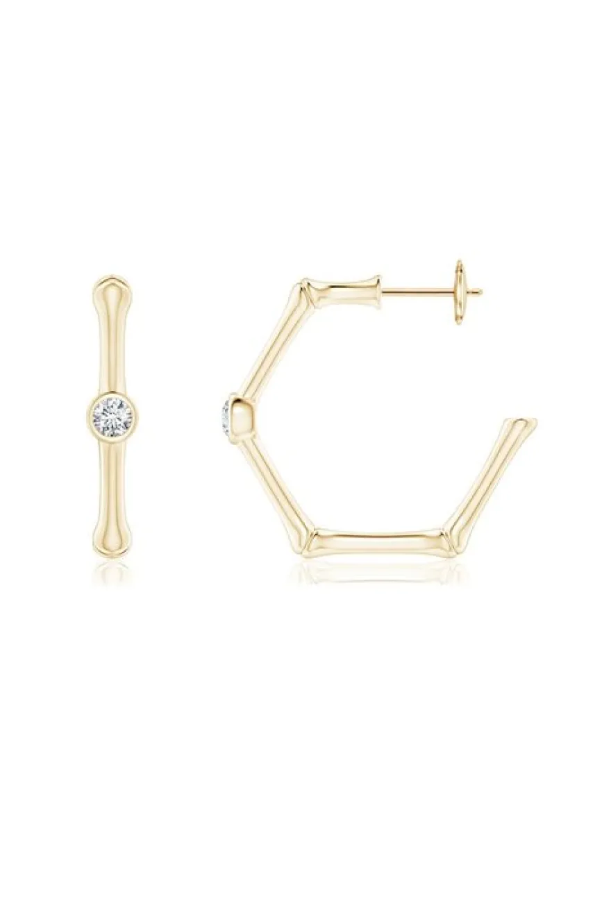 Indochine 14k Bamboo Hexagon Diamond Center Hoop Earrings