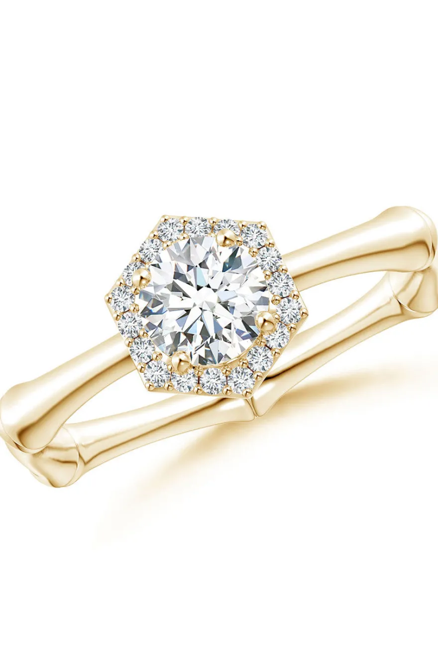 Indochine 14k Hexagon Diamond Pave Halo Bamboo Ring