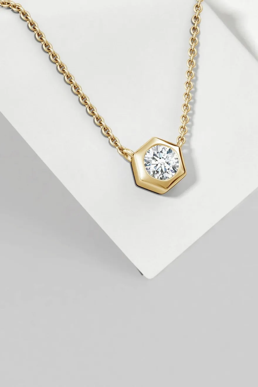 Indochine 14k Hexagon Frame Diamond Solitaire Necklace