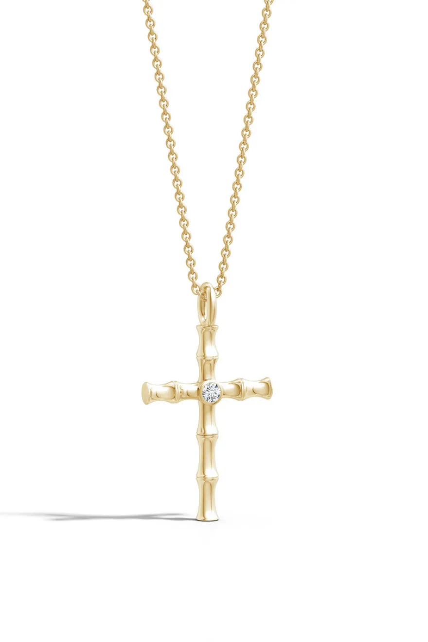 Indochine Spirit 14k Bamboo Cross Diamond Pendant Necklace