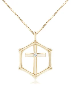 Indochine Spirit 14k Bamboo Frame Cross Diamond Pendant Necklace