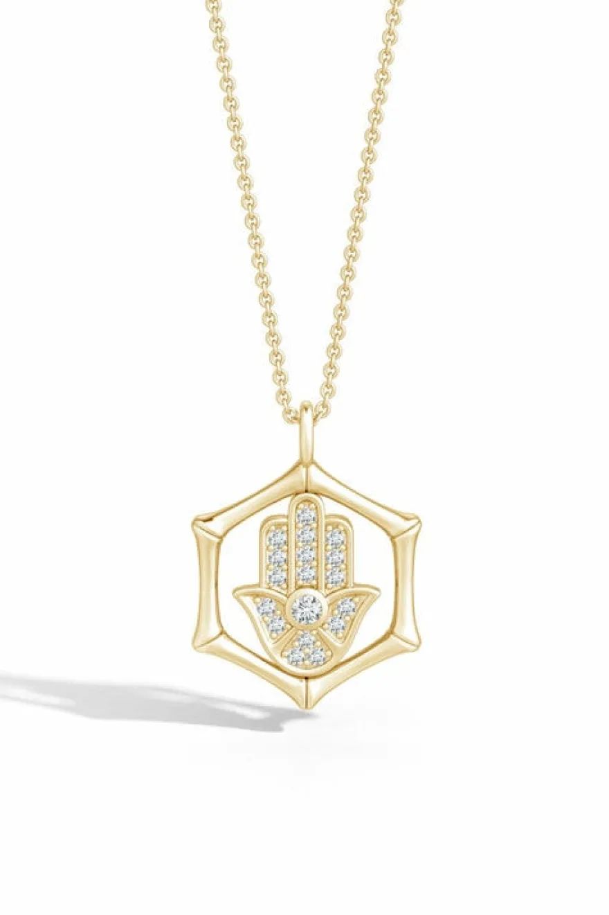 Indochine Spirit 14k Bamboo Frame Hamsa Diamond Pendant Necklace