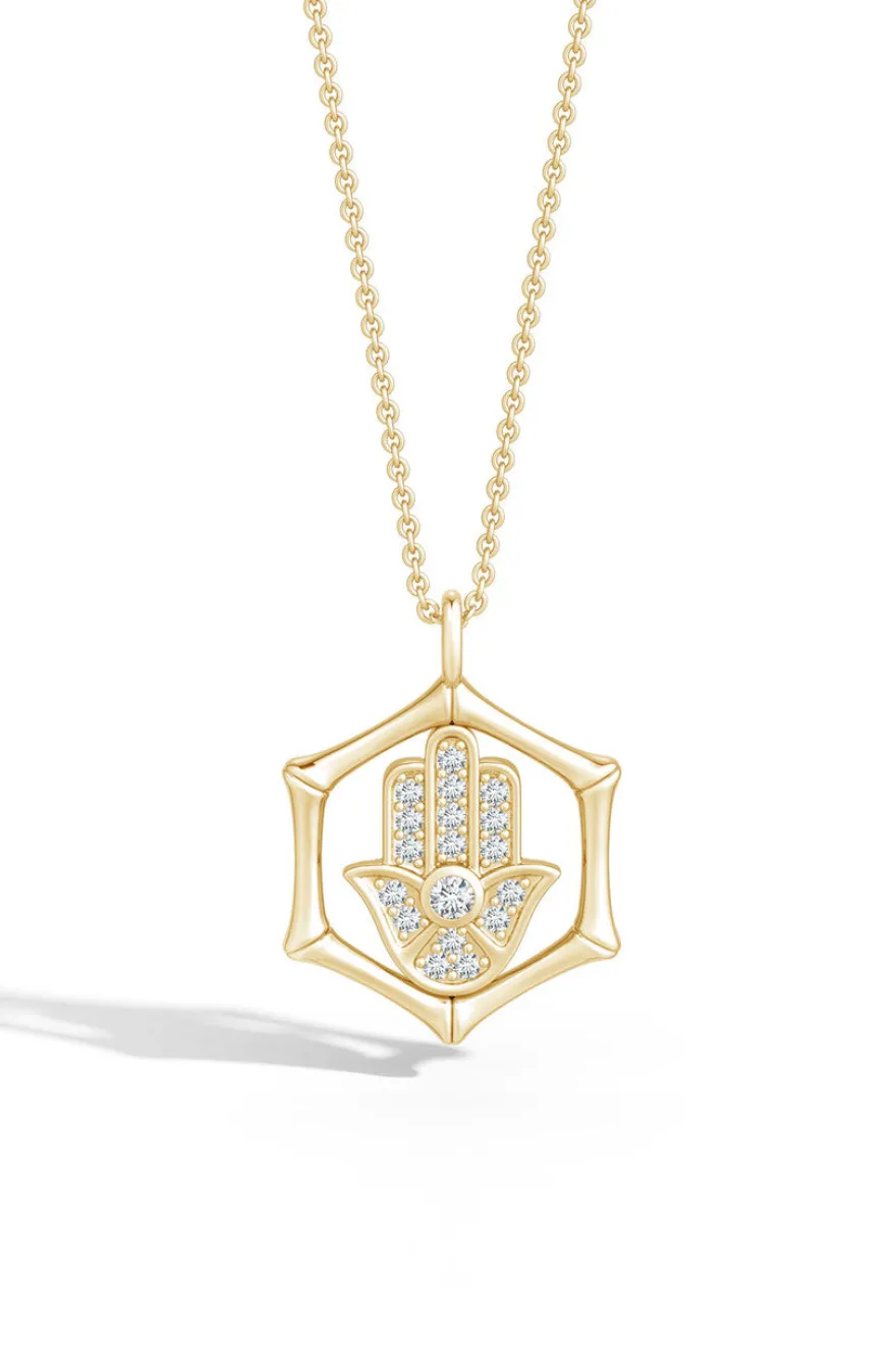 Indochine Spirit 14k Bamboo Frame Hamsa Diamond Pendant Necklace
