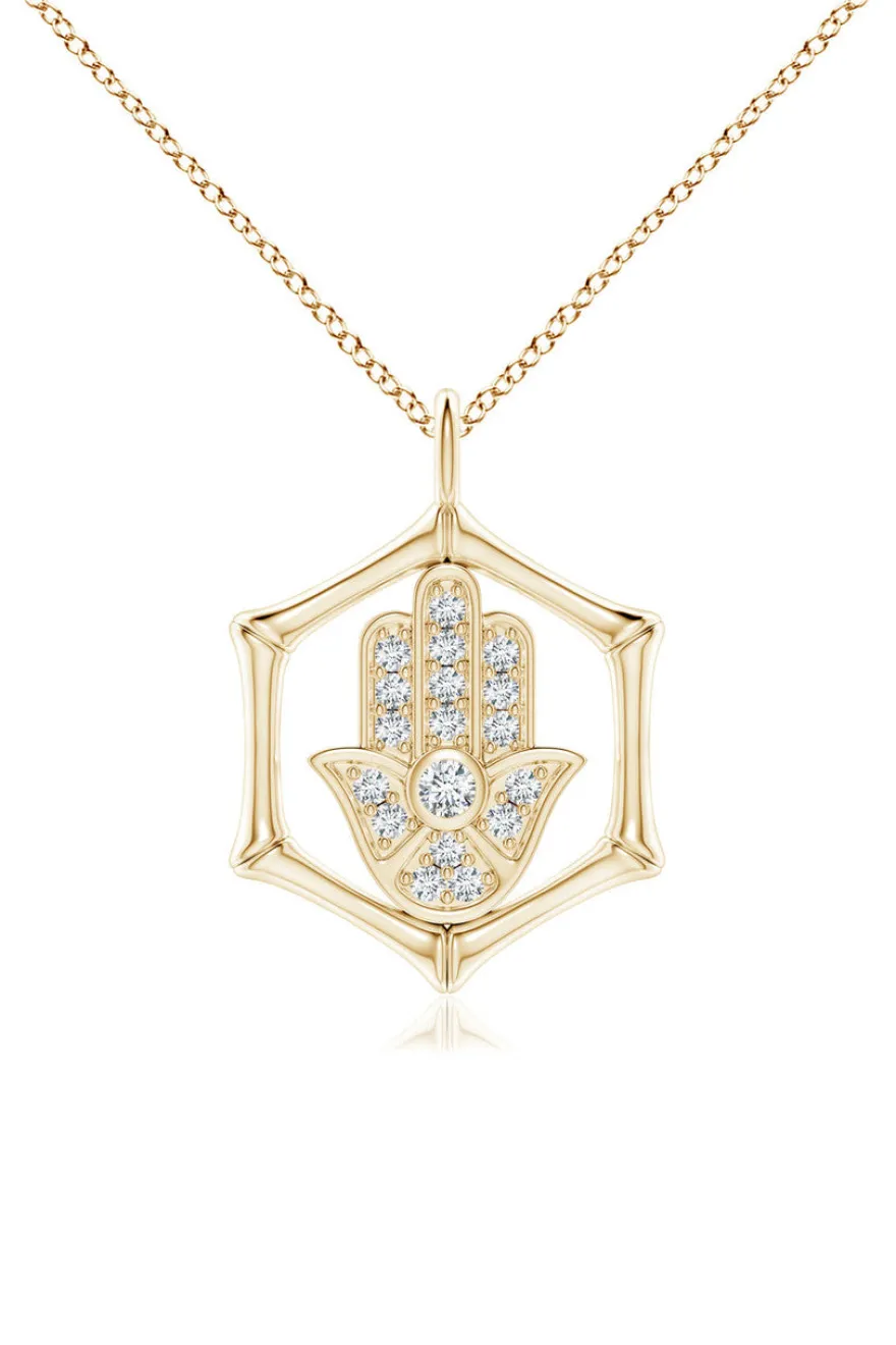 Indochine Spirit 14k Bamboo Frame Hamsa Diamond Pendant Necklace