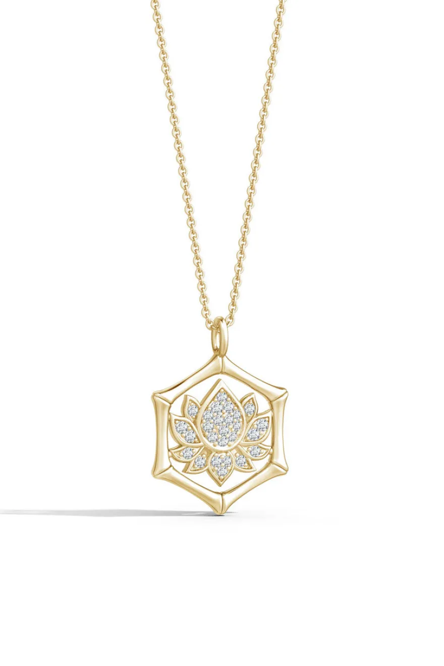 Indochine Spirit 14k Bamboo Frame Lotus Diamond Pendant Necklace