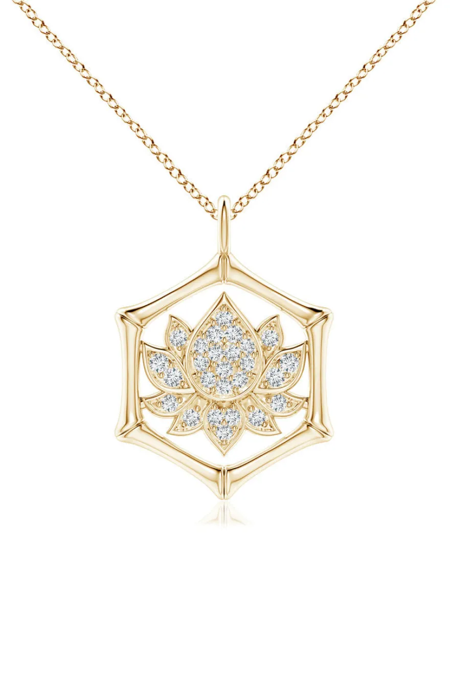 Indochine Spirit 14k Bamboo Frame Lotus Diamond Pendant Necklace
