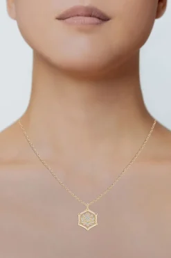 Indochine Spirit 14k Bamboo Frame Lotus Diamond Pendant Necklace