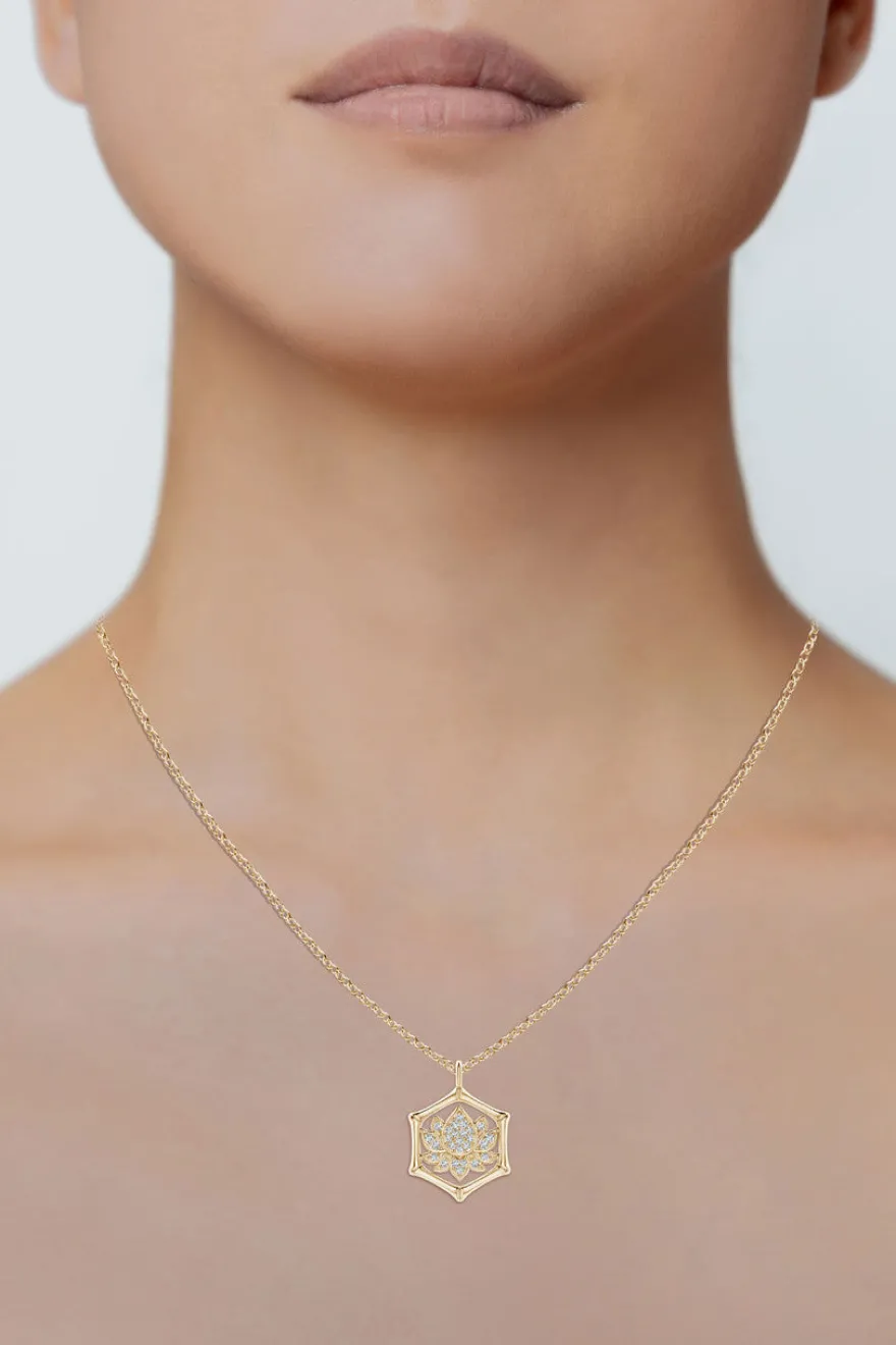 Indochine Spirit 14k Bamboo Frame Lotus Diamond Pendant Necklace