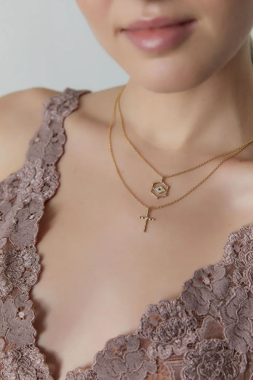 Indochine Spirit 14k Evil Eye Bamboo Hexagon Frame Diamond Necklace