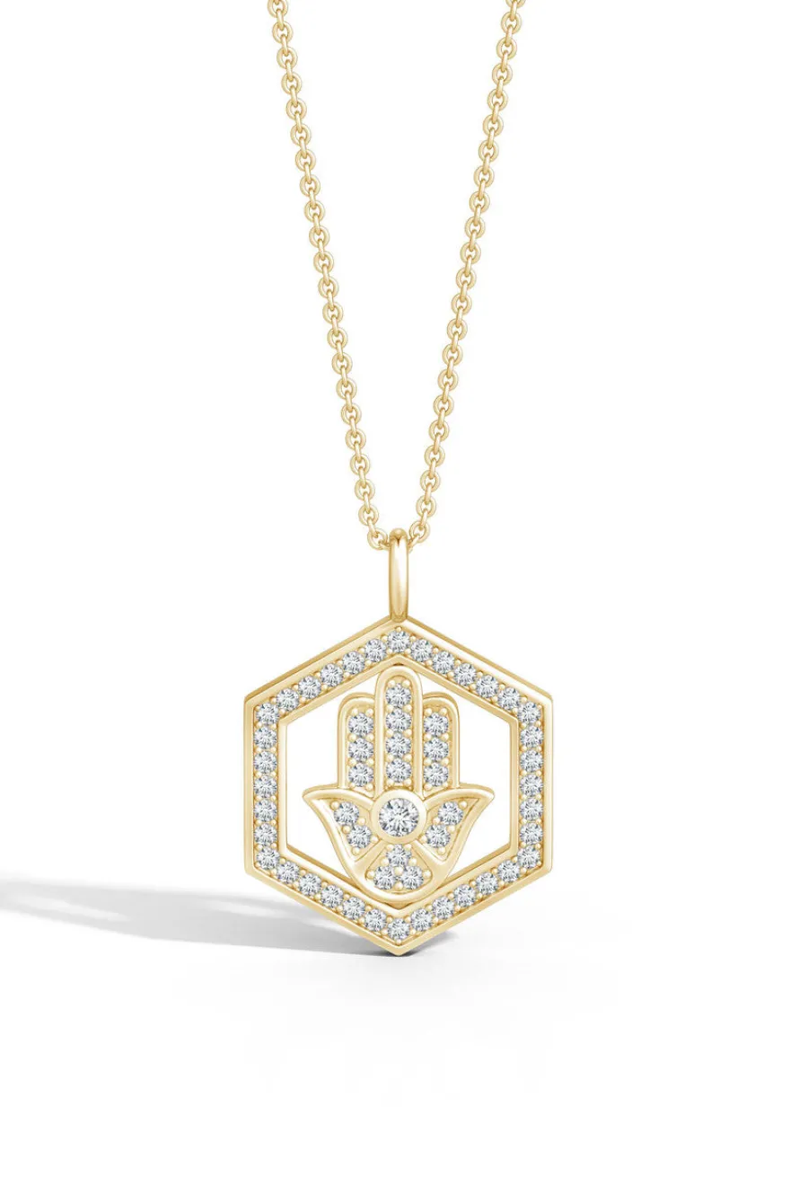 Indochine Spirit 14k Hexagon Frame Hamsa Pave Diamond Pendant Necklace