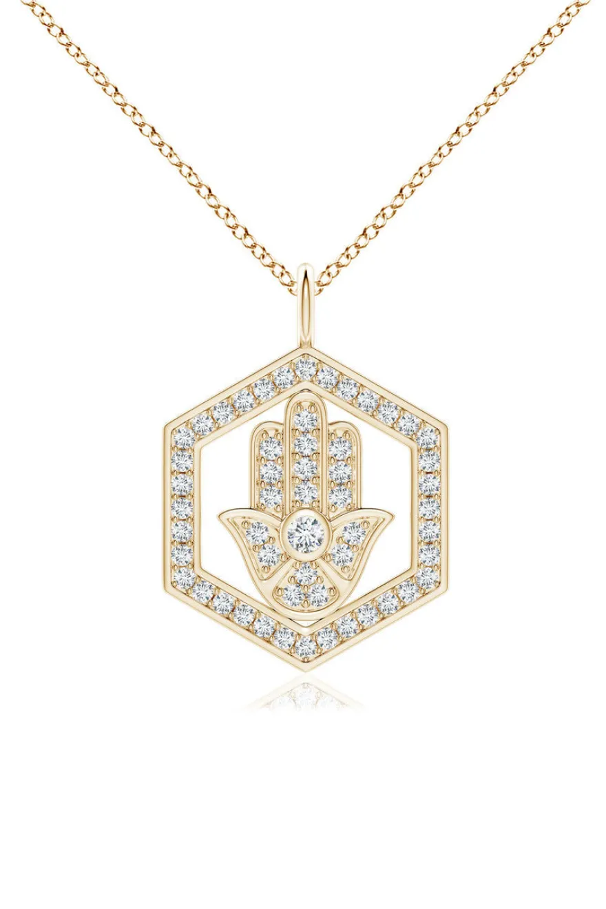 Indochine Spirit 14k Hexagon Frame Hamsa Pave Diamond Pendant Necklace