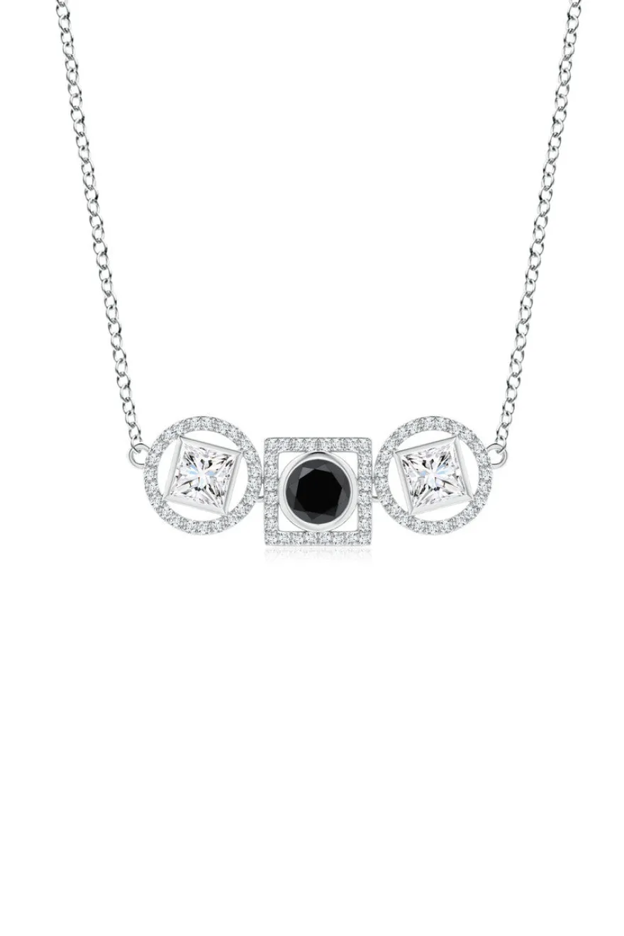 Infinity 14K Gold with Black & White Diamond Three Stone Halo Necklace