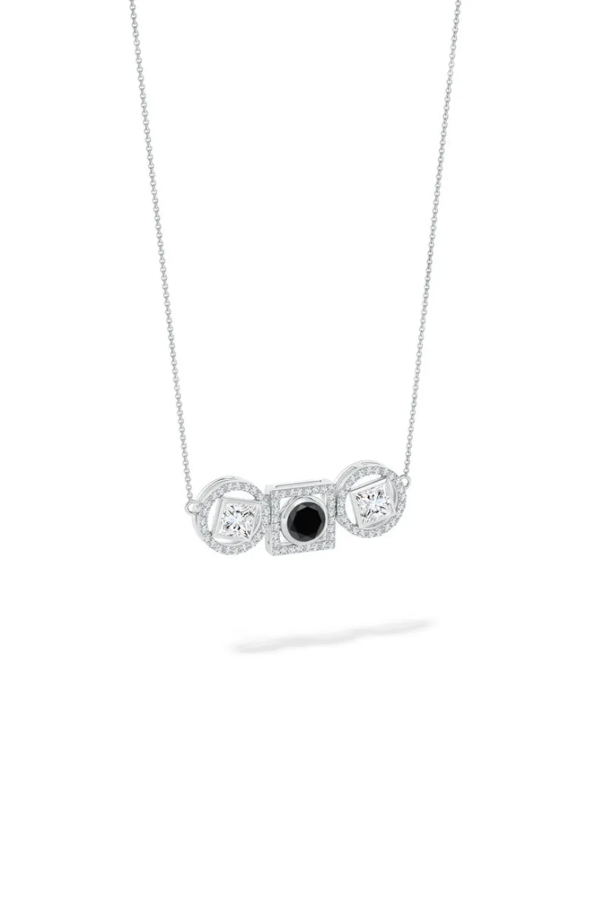Infinity 14K Gold with Black & White Diamond Three Stone Halo Necklace