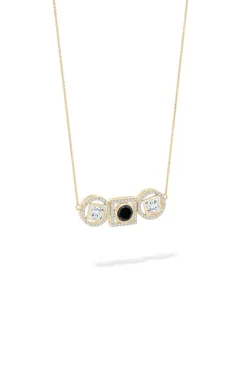 Infinity 14K Gold with Black & White Diamond Three Stone Halo Necklace
