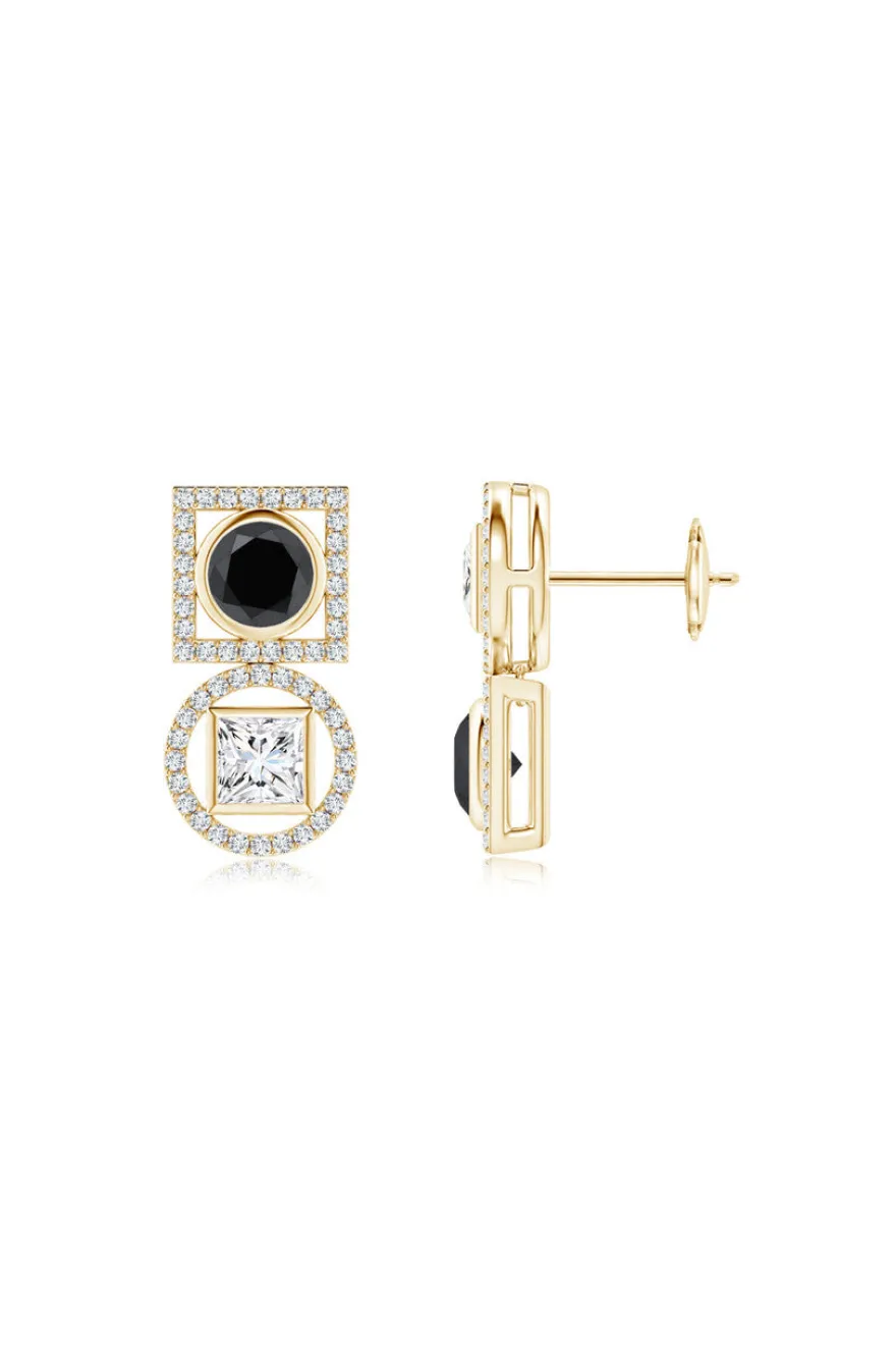 Infinity 14K Gold with Black & White Diamond Two Stone Earrings