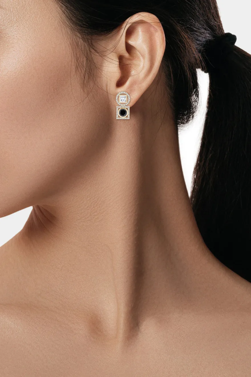 Infinity 14K Gold with Black & White Diamond Two Stone Earrings