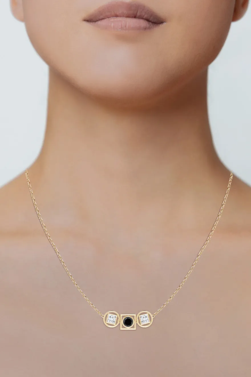 Infinity 14K Gold with Black & White Diamond Three Stone Necklace