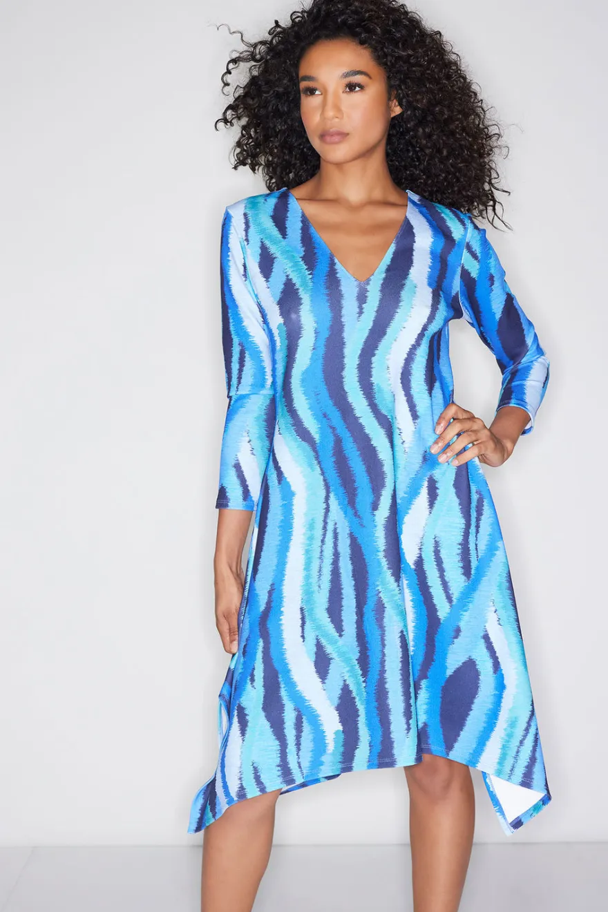 Jagged Swirl Knit Crepe Long Sleeve V-Neck Dress