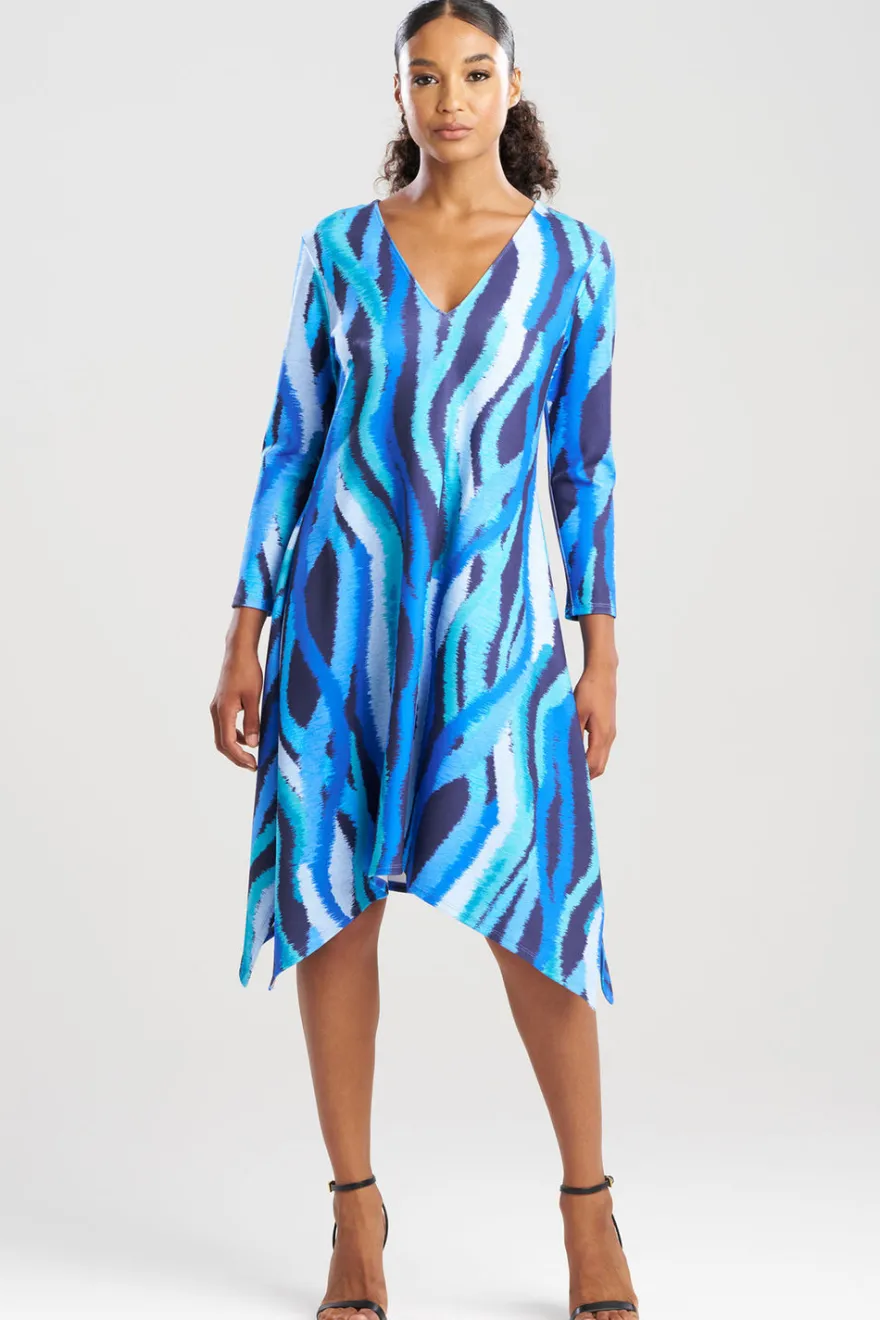 Jagged Swirl Knit Crepe Long Sleeve V-Neck Dress