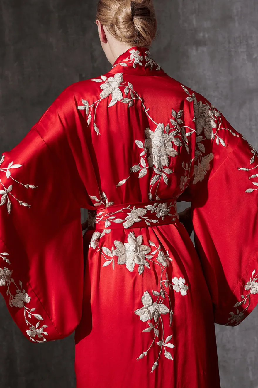 Key Essentials Embroidered Kimono Tassel Silk Robe