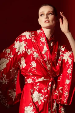 Key Essentials Embroidered Kimono Tassel Silk Robe