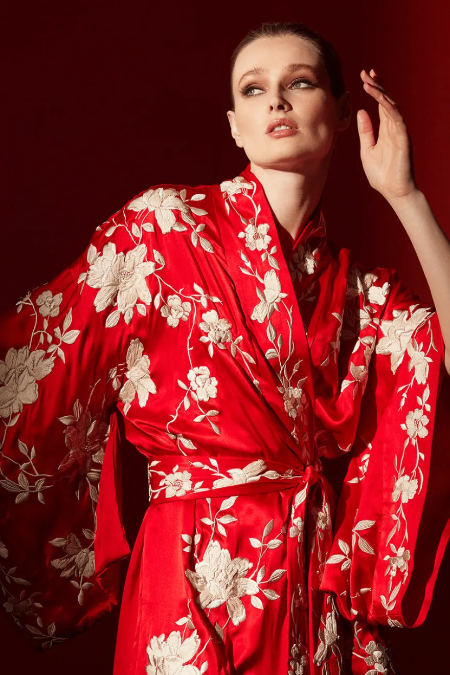 Key Essentials Embroidered Kimono Tassel Silk Robe