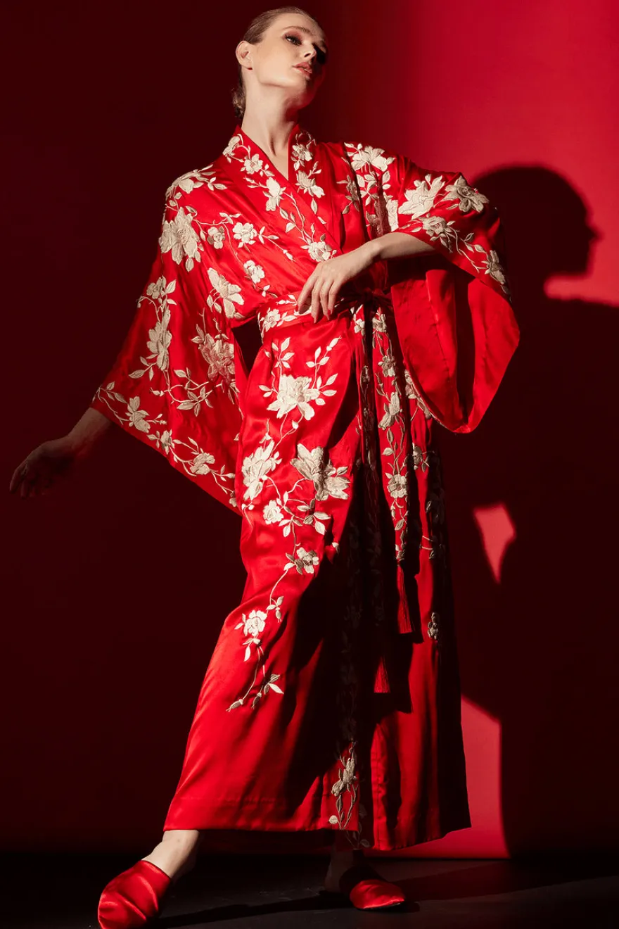 Key Essentials Embroidered Kimono Tassel Silk Robe