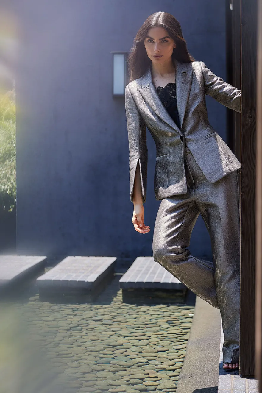 Metallic Jacquard Zip Front Trousers