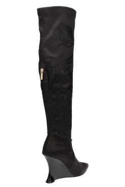 Natsu Satin Embroidered Dragon Stretch Over the Knee Boot