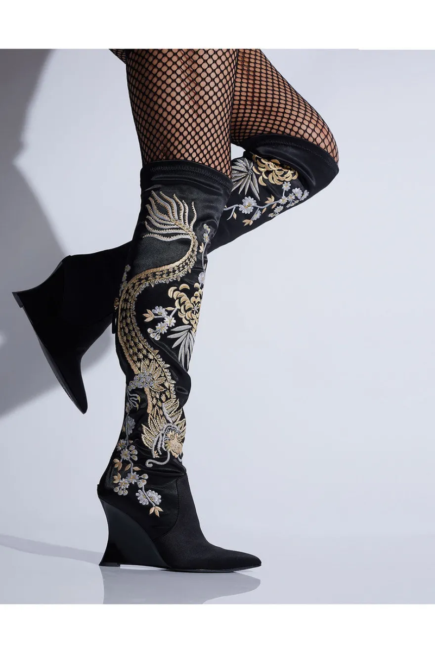 Natsu Satin Embroidered Dragon Stretch Over the Knee Boot