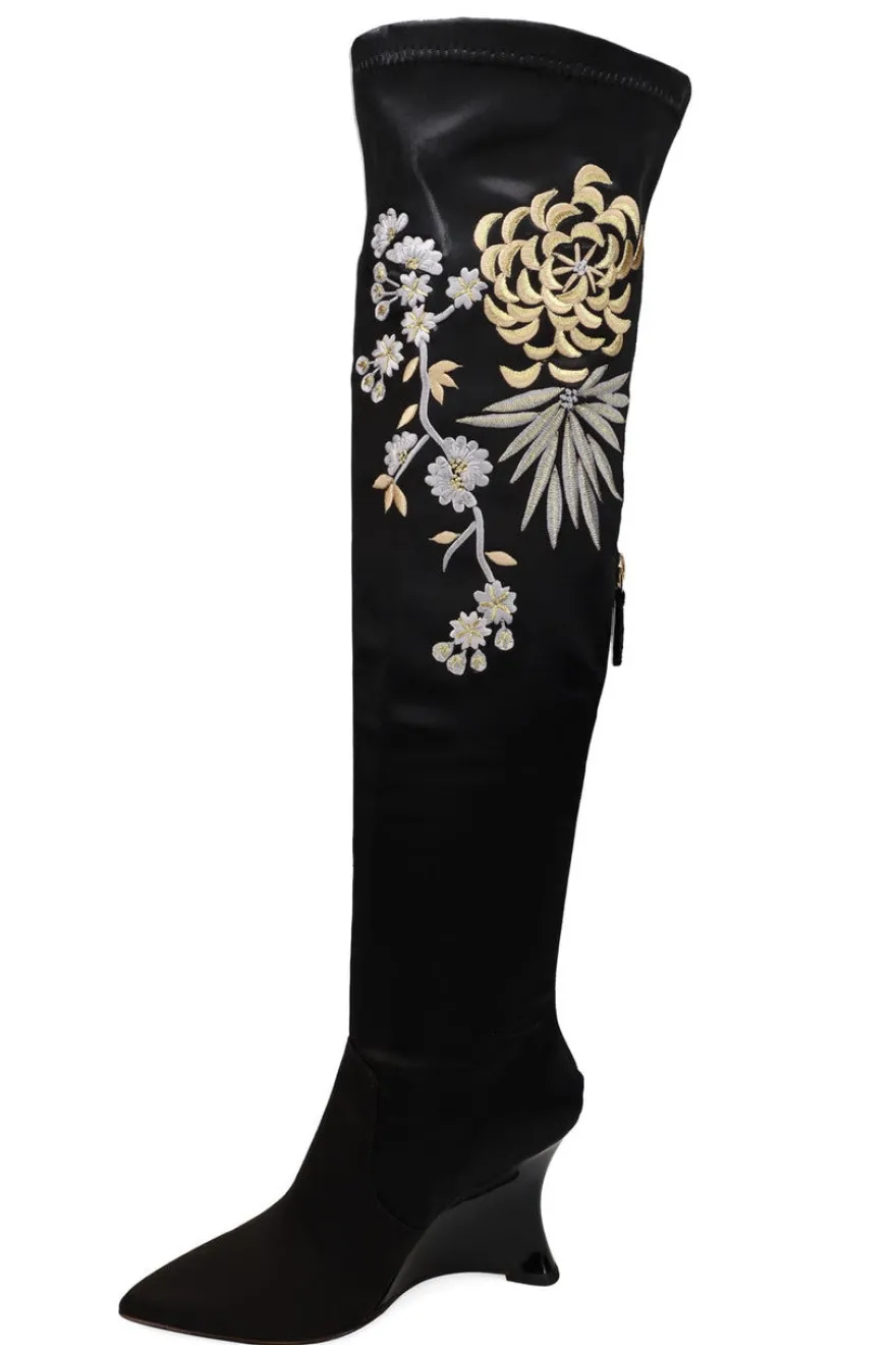 Natsu Satin Embroidered Dragon Stretch Over the Knee Boot