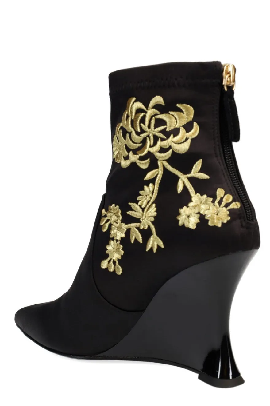 Neko Satin Embroidery Wedge Ankle Boot