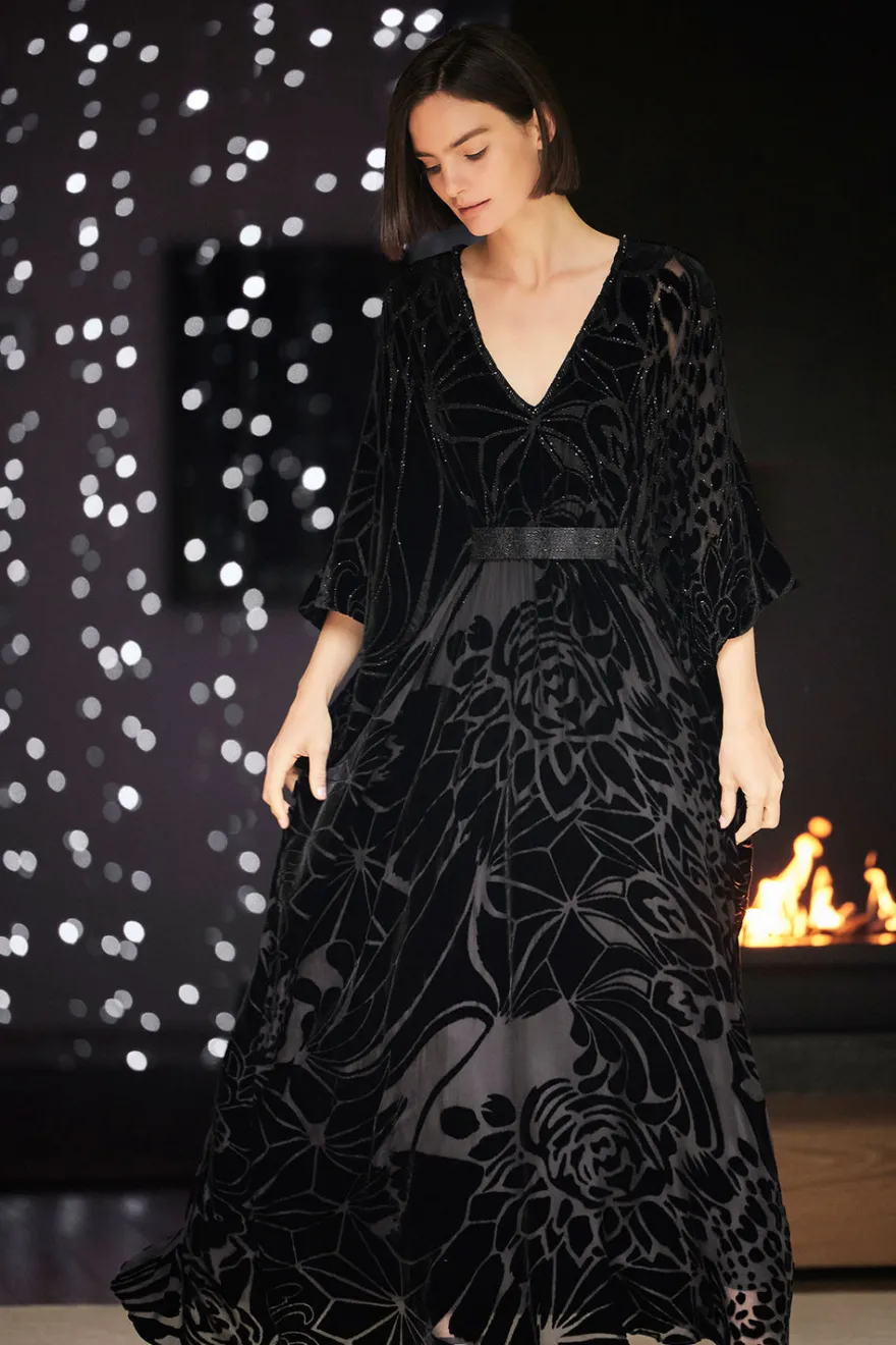 Nouveau Velvet Embellished Silk Caftan