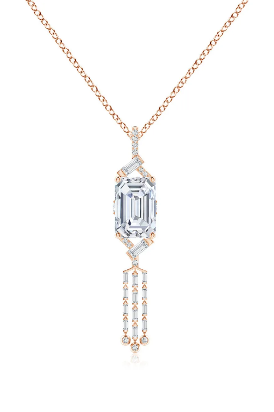 Orient Express Lab-Grown 14K Gold Emerald Cut & Baguette Diamond Tassel Drop Pendant Necklace