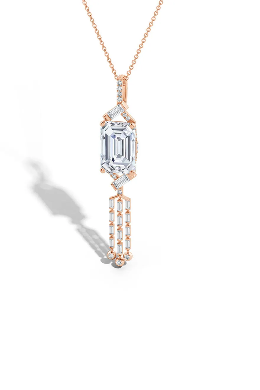 Orient Express Lab-Grown 14K Gold Emerald Cut & Baguette Diamond Tassel Drop Pendant Necklace