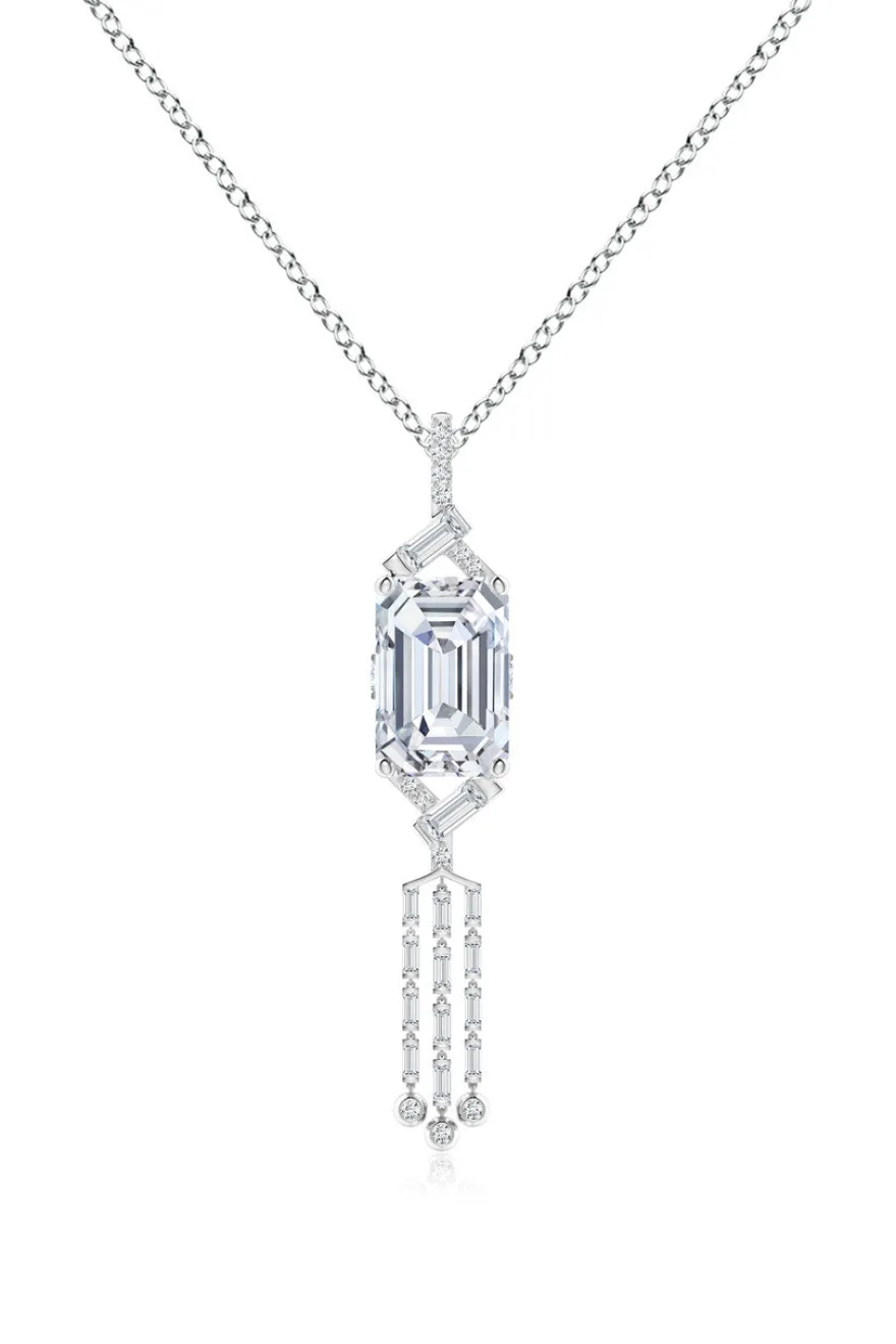 Orient Express Lab-Grown 14K Gold Emerald Cut & Baguette Diamond Tassel Drop Pendant Necklace