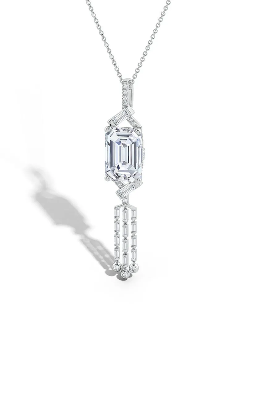 Orient Express Lab-Grown 14K Gold Emerald Cut & Baguette Diamond Tassel Drop Pendant Necklace