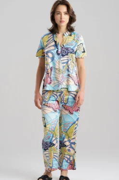 Papillon Printed Satin Mandarin Short Sleeve PJ Set