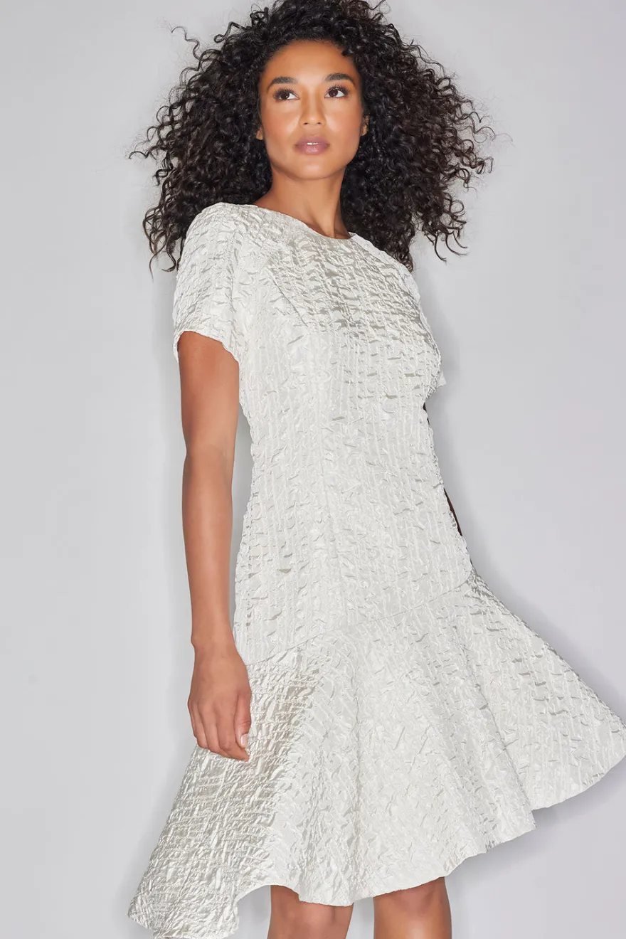 Pebbled Jacquard Short Sleeve Flounce Dress