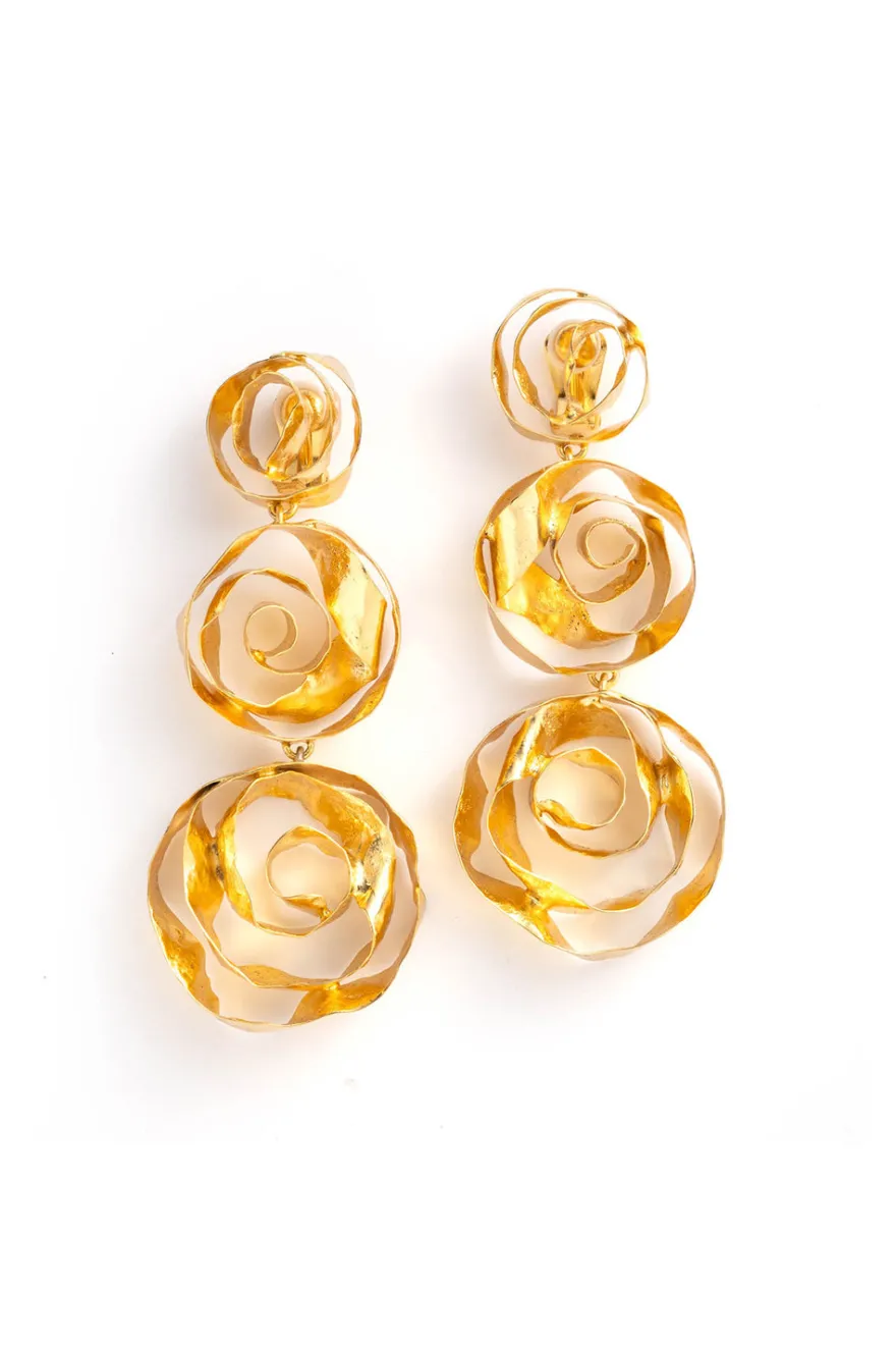 Rosette Gold Plated Three Tier Earrings