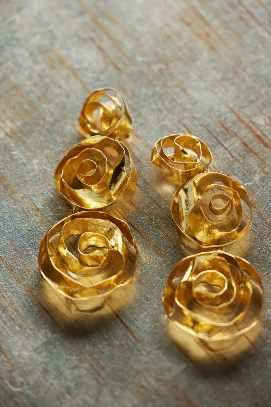 Rosette Gold Plated Three Tier Earrings